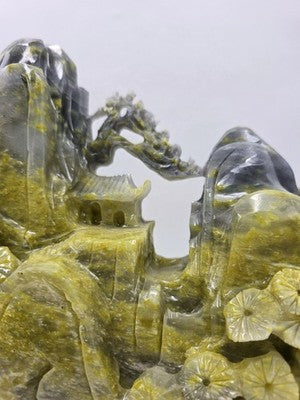 Huge 20.5" China Natural Yellow Green Xiu Jade Carved Mountain House Tree Statue