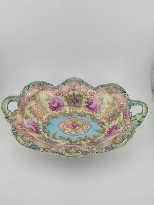 1910's Victorian German Porcelain Handled Bowl Raised Gold &Roses RS Style 11.5"