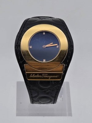 Salvatore Ferragamo Swiss Made Gold Plated Leather Watch Diamond Markers. Works.