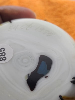 VINTAGE ORIENT & FLUME STUDIO ART GLASS PAPERWEIGHT PEARL + 3 BLUE FLOWERS 1975