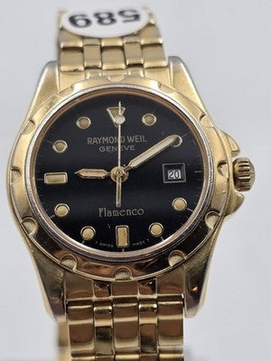 Vintage Raymond Weil Flamenco 5370 Swiss Quartz Black Dial Gold Tone Watch Works