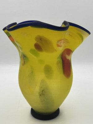 Azerbaijan Glassware Hand Blown Frosted Art Glass Vase Multicolor Wavy Rim Decor