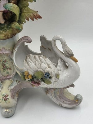 Rare Antique German Dresden Porcelain Figural Lamp Lady Cherub Swans 29"