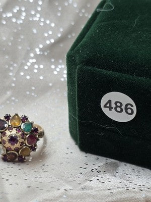 Vintage 14K Gold Multi Gemstone Dome Cluster Ring Garnet Amethyst Citrine Sz 7