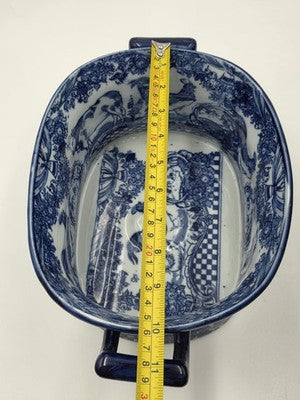 Pair XL Blue White Transferware Cachepot Jardiniere Planters Farm Animal Decor