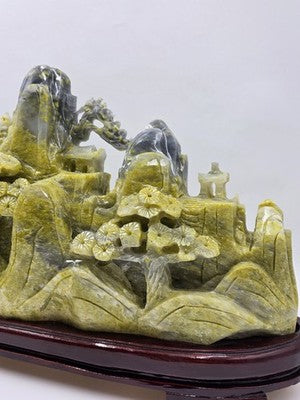 Huge 20.5" China Natural Yellow Green Xiu Jade Carved Mountain House Tree Statue