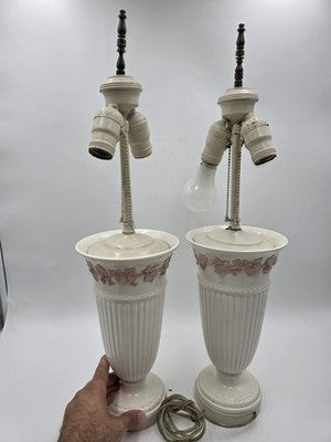 Pair Wedgwood Queensware Jasperware Cream Pink Grapevine Relief Table Lamps 24"