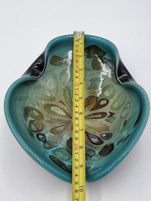 Unique Vintage Studio Art Glass Freeform Bowl Turquoise Black Millefiori Style