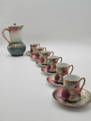 Antique 19th C C.S. Prussia Handpainted Demitasse Set 6 Cups Saucers Coffee Pot
