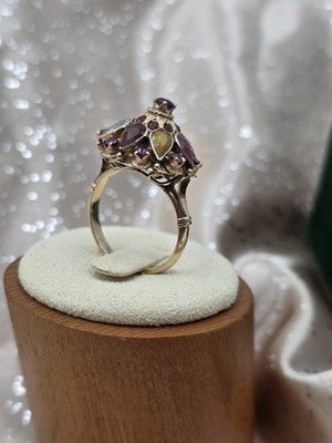 Vintage 14K Gold Multi Gemstone Dome Cluster Ring Garnet Amethyst Citrine Sz 7