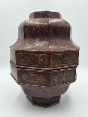 Early 19th C Chinese Qing Dynasty Red Lacquer Wedding Gift Basket Gilt Figures
