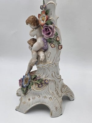 Rare 19th C Antique Pair Schierholz Dresden Porcelain Cherub Floral Candelabras