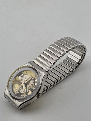 Vintage 1980's Swatch Skeleton Quartz Swiss Watch Expandable Band Runs. New Bat.
