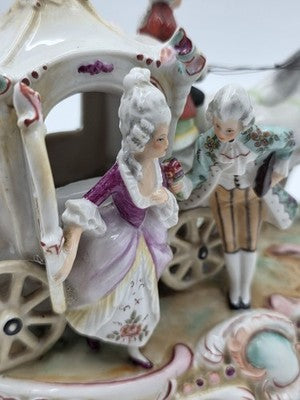 Vintage German Porcelain Cinderella Coach Carriage Figurine Horses Rococo Couple