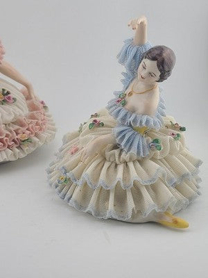 Pair Antique Dresden Lace Ballerina Figurine Dancer Handarbeit Germany Porcelain