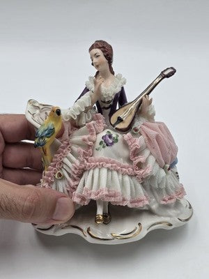 Vintage Dresden Art Germany Lace Porcelain Lady Musician Figurine Bird Bench