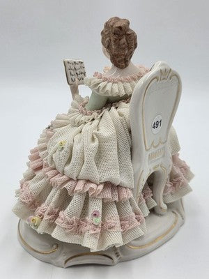 Vintage M.Z. Ireland Dresden Lace Porcelain Figurine Lady Reading Book Seated