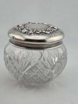 Antique Watson Sterling Silver Floral Lid Cut Crystal Vanity Jar C1900 Fine 925