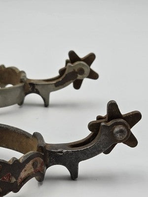 Antique Western Cowboy Spurs Pair Hand Engraved Red Inlay Steel w/ Chains