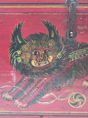 Rare XL Antique 19th C Distressed Tibetan Style Foo Dog Lion Storage Chest Box.