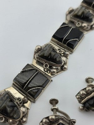 VINTAGE Mexican TAXCO STERLING SILVER 925 BRACELET & Earrings Obsidian Tribal.
