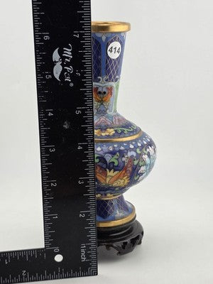 Rare Vintage Chinese Cloisonne Enamel Butterfly Floral Vase w Wood Stand Blue
