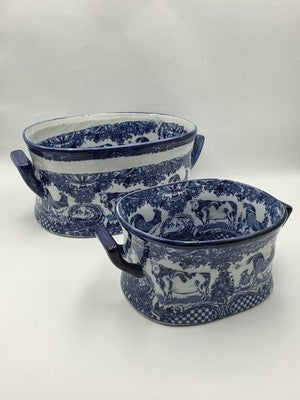 Pair XL Blue White Transferware Cachepot Jardiniere Planters Farm Animal Decor