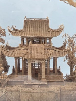 Large Scale Antique Chinese Carved Cork Diorama in Ebonised Glass Display Case