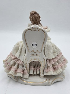 Vintage M.Z. Ireland Dresden Lace Porcelain Figurine Lady Reading Book Seated