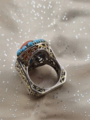 Rare 925 Sterling Silver Coral Turquoise Filigree Statement Ring Artisan Size 9