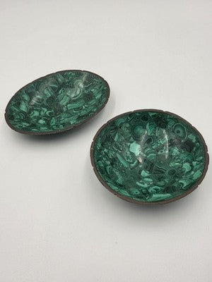 Beautiful Pair Of Antique MCM Malachite & Brass Round And Oval Trinkett Dishes.
