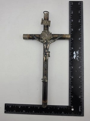 Antique 19th C Crucifix Metal Jesus On Wood Cross W Rare Tips Memento Mori Skull