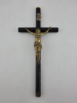 Rare Antique 19th C Crucifix Metal Jesus On Wood Cross W Rare Tips Memento.