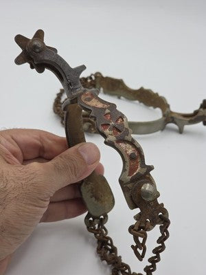 Antique Western Cowboy Spurs Pair Hand Engraved Red Inlay Steel w/ Chains