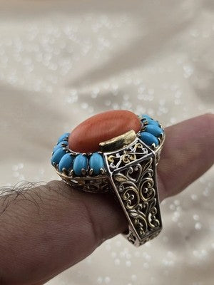 Rare 925 Sterling Silver Coral Turquoise Filigree Statement Ring Artisan Size 9