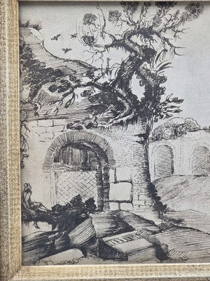 Rare Antique Framed Etching After Guercino "Ravine and Pool" Landscape Print