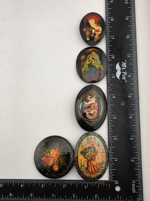 Rare Set Of 5 Vintage Hand Painted Brooch Pins Black Lacquer Russian Folk Art
