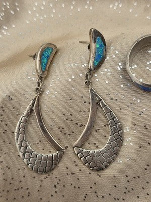 Cardenas Taxco Mexico 925 Sterling Silver Blue Opal Inlay Ring & Earrings Set