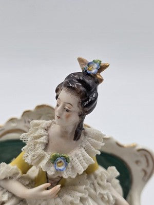Vintage Dresden Lace Porcelain Lady Figurine Seated On Settee Sofa Germany 1078