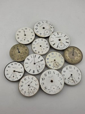 Lot Of 12 Antique Pocket Watch Movement Dial For Parts Repair Watchmaker Estate