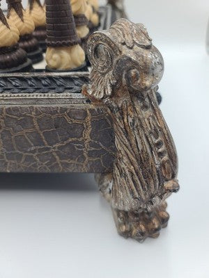 Rare Vintage Large Renaissance Style Resin Chess Set w Drawer Medieval Board 16”