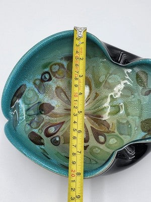 Unique Vintage Studio Art Glass Freeform Bowl Turquoise Black Millefiori Style
