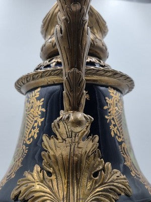 Antique French Cobalt Blue Porcelain &Brass Ewer Fragonard Scene Gilt Bronze 23"
