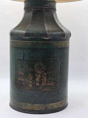 ULTRA RARE 19TH C. HAND PAINTED ENGLISH CHINOISERIE GREEN TOLE TEA CANISTER LAMP