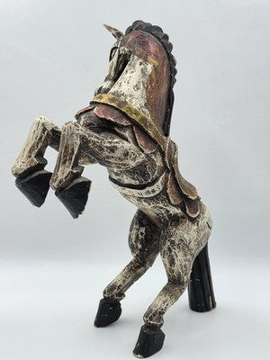 Vintage Mexico Folk Art Rearing Horse Hand Carved  & Painted Wood Sculpture Read