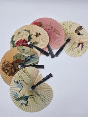 Lot Of 5 Vintage 1970s folding hand fan, Chinese fan with cherry blossom & Birds