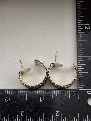 Rare Vintage Sterling 925 Wide Hoop Earrings Floral Scroll Beaded Navajo Style.
