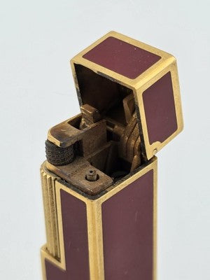 Rare Vintage Cube Cartier Lighter - 18k Yellow GP Red Laquer Cigarette Lighter