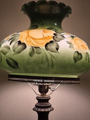 Antique Victorian Style Hurricane Lamp Electric Floral Shade Ornate Brass Base