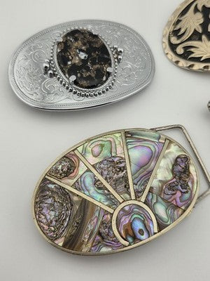 Vintage Western Belt Buckle Lot Abalone Mexico Stone Floral Cowboy 4 Pc Lot.